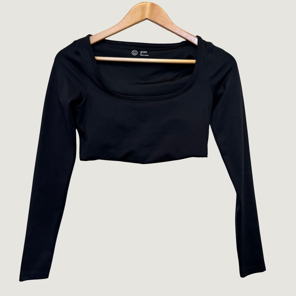 Gilly Hicks Womens Recharge Crop Top S Black Long Sleeve Scoop Neck Athleisure